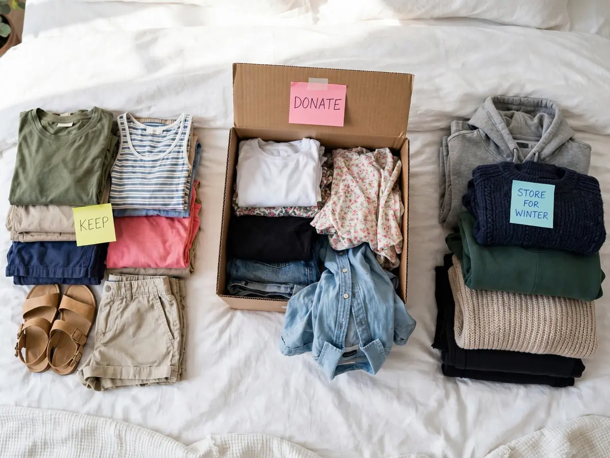 Three sorted piles of summer clothes on a bed: keep, donate, and store for winter