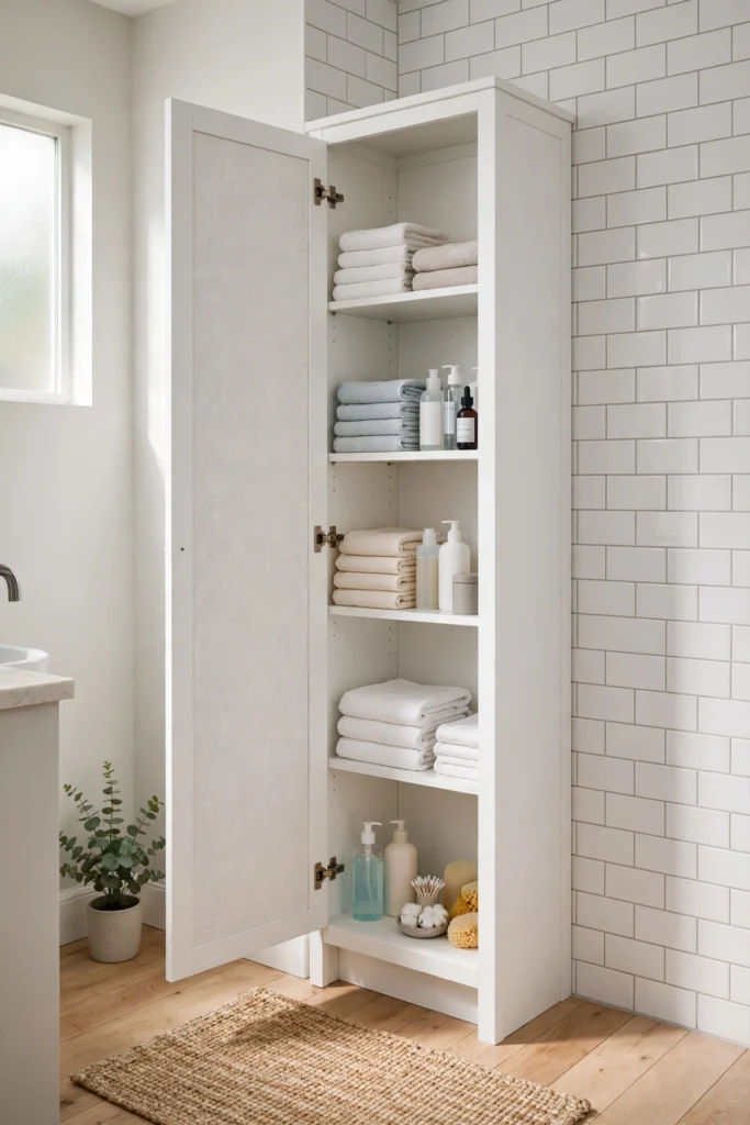 Tall bathroom storage cabinet (linen tower) with adjustable shelves in a small bathroom