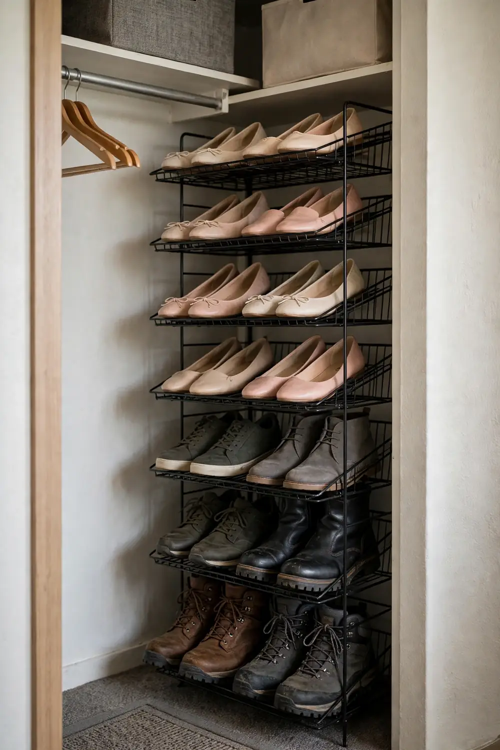 Tall shoe tower in a rental closet with heavy shoes on the lowest tiers