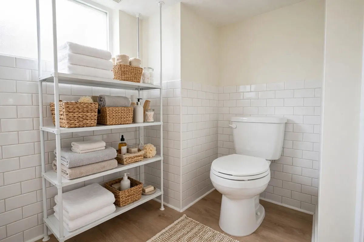 White tension-pole shelf unit in a rental bathroom corner with towels and baskets