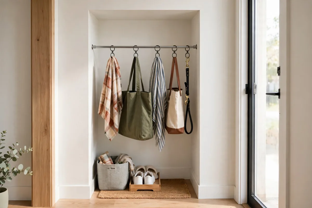 Tension rod with hanging scarves and bags in a renter-friendly entryway