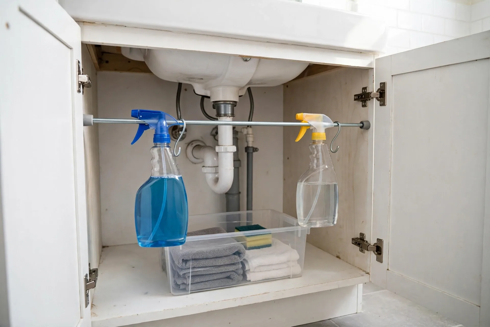 Tension rod with hanging spray bottles under a bathroom sink, a no-drill rental solution