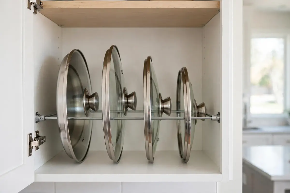 Tension rod inside a cabinet holding pot lids upright, a renter-friendly storage hack