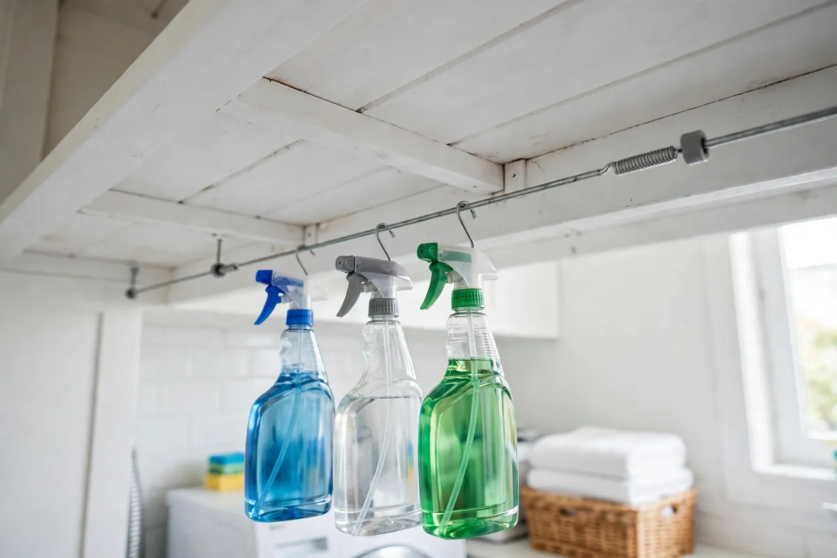 Tension rod installed under a laundry room shelf holding spray bottles