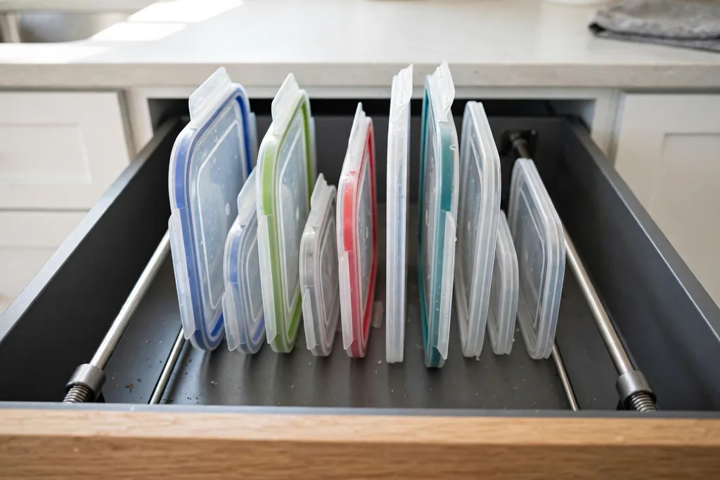 Two tension rods installed front to back in a deep drawer holding food container lids upright