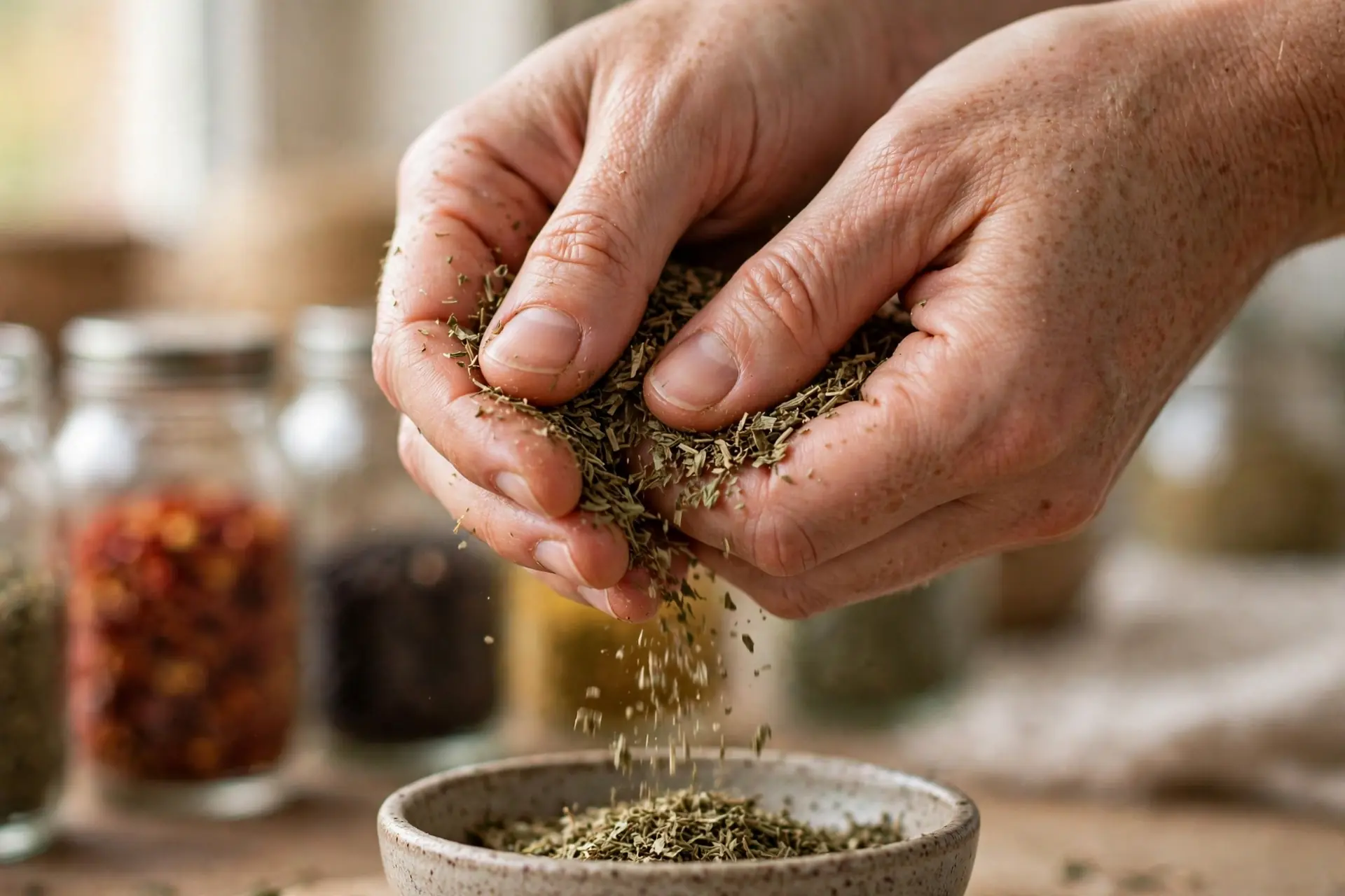 Hands rubbing dried herbs between palms to test spice freshness