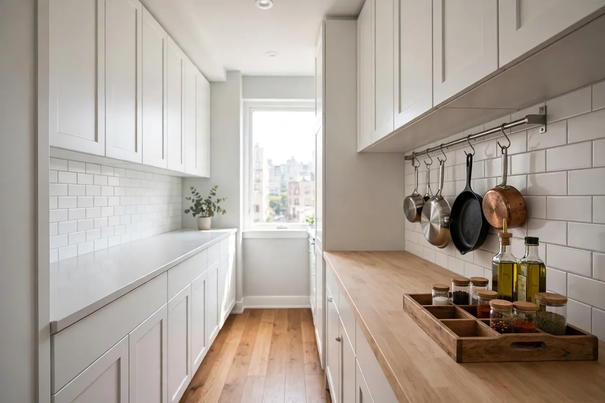 Narrow galley kitchen with cleared counters and a wooden tray corral