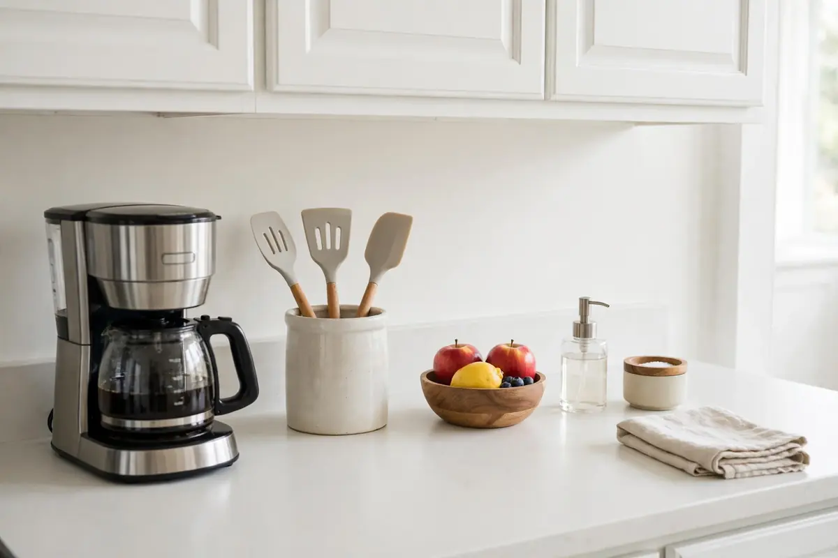 Tidy kitchen counter with only daily essentials: coffee maker, utensil crock, fruit bowl