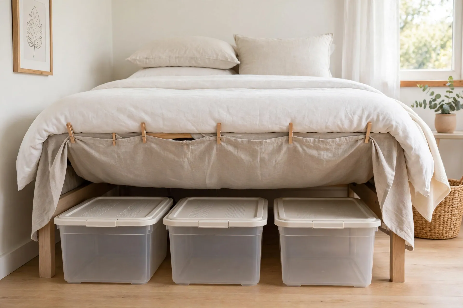 Tidy seasonal storage bins organized under a bed in a small bedroom