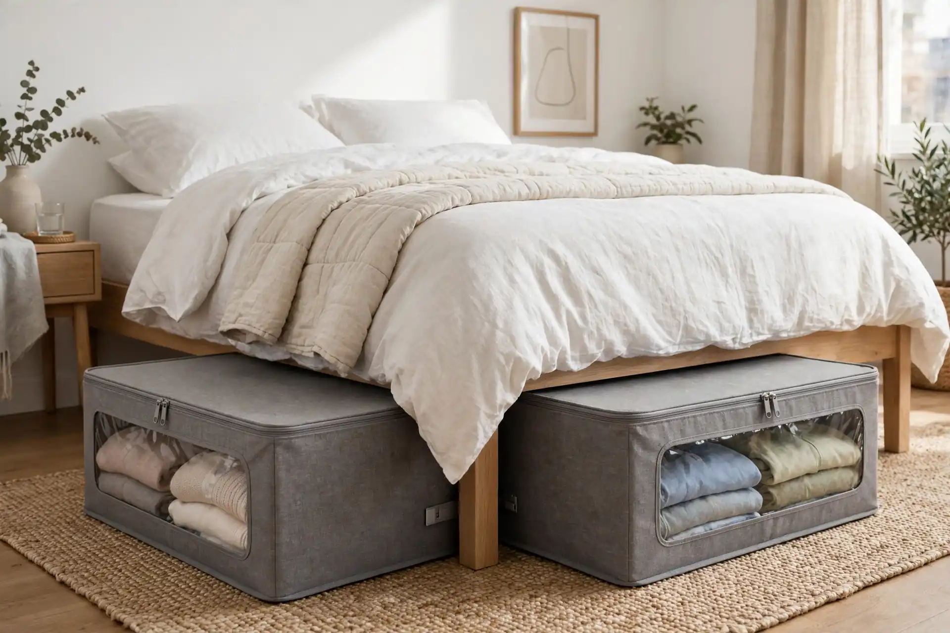 Two slim grey linen under-bed bins with zipper lids and a clear window, pulled from under a bed