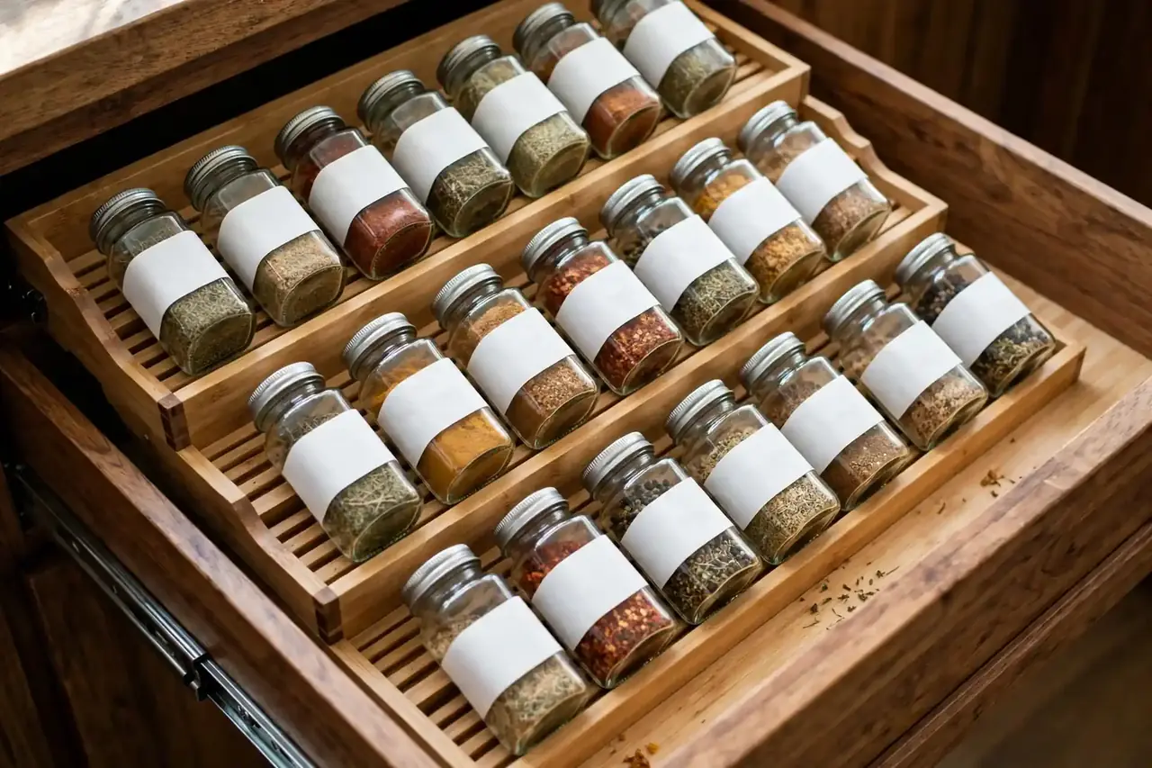 Tiered bamboo drawer insert holding labeled spice jars in a kitchen drawer
