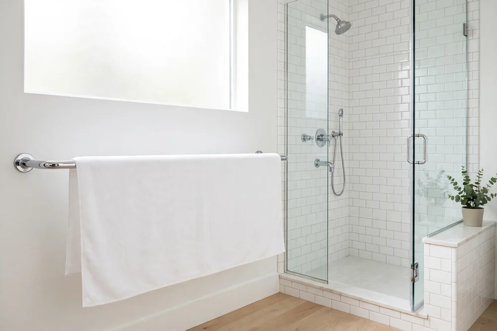 White bath towel spread out fully over a chrome towel bar beside a shower to dry