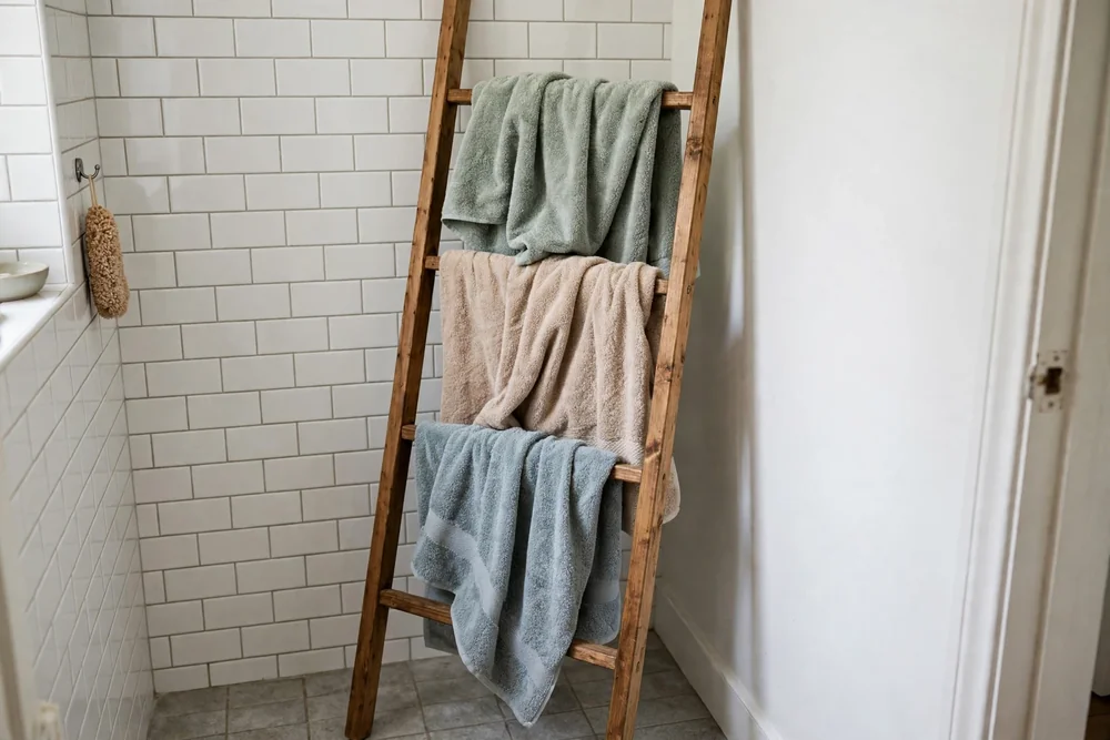 Wooden towel ladder in a bathroom corner holding bath towels spread out on its rungs