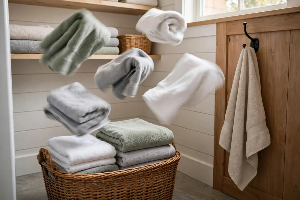 Laundry basket with clean folded towels for rotation, with a towel on a hook nearby
