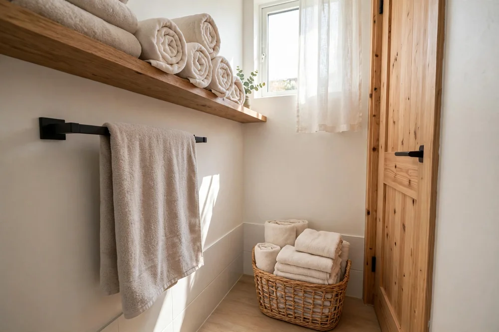 Bathroom storage ideas for towels: daily towel on a bar, rolled towels on a shelf, and a basket of clean spares