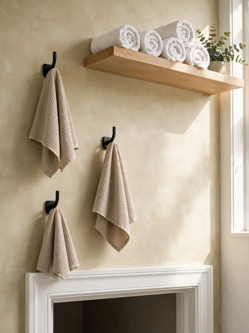 Towels on wall hooks with rolled backup towels on an above-door shelf
