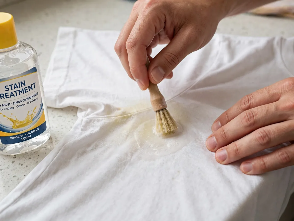 Hands treating a deodorant stain on a white cotton t-shirt before winter storage