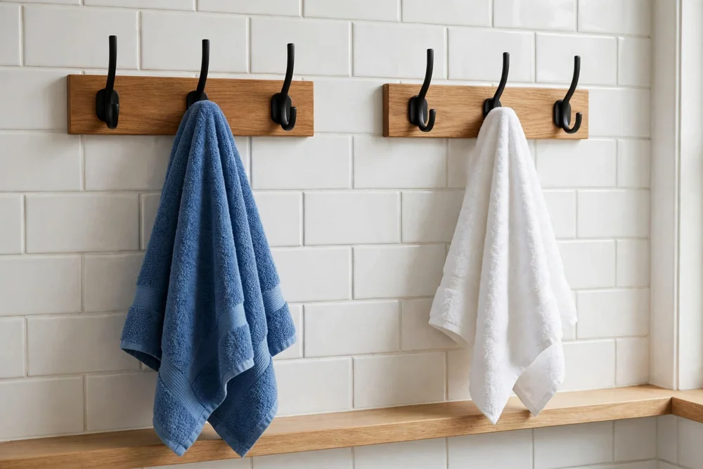 Two sets of bathroom towel hooks side by side, one blue towel and one white towel