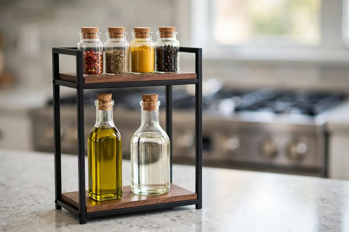 Two-tier counter organizer holding spice jars and cooking oils
