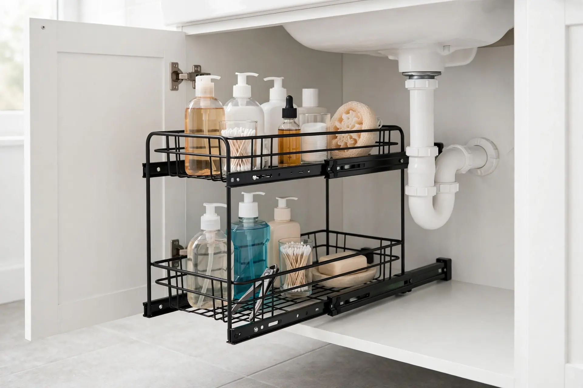 Two-tier pull-out organizer with bathroom toiletries under a bathroom sink