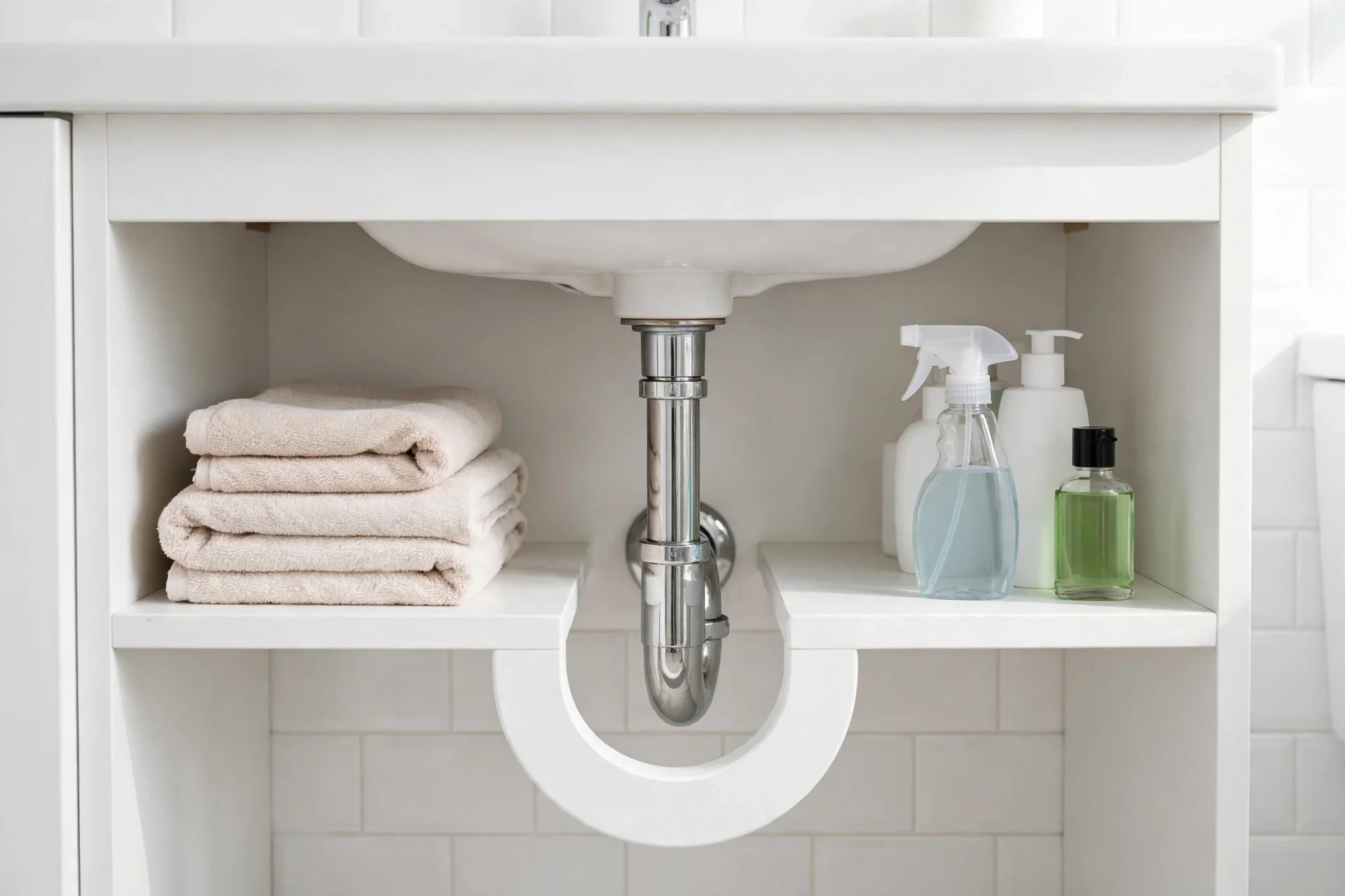 U-shaped shelf framing a bathroom sink drain pipe with towels and bottles