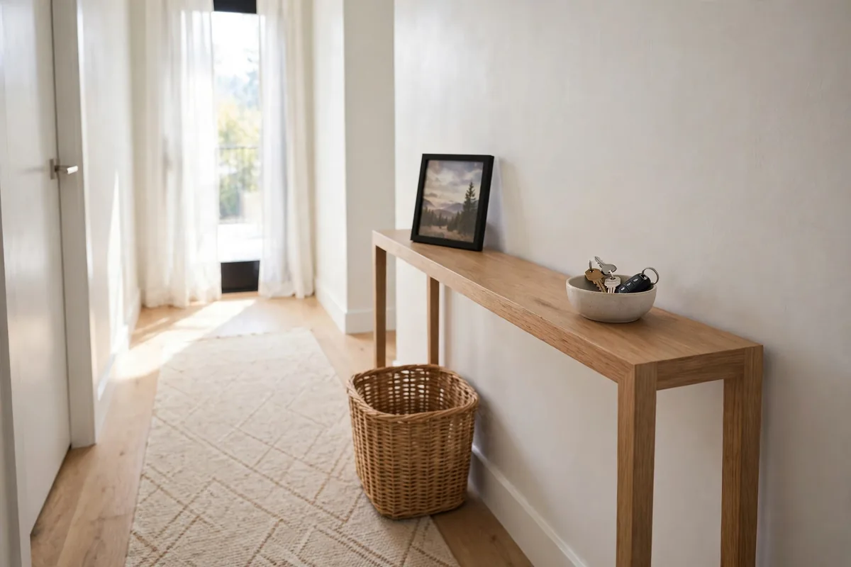 Ultra-slim console table in a narrow hallway with a basket underneath