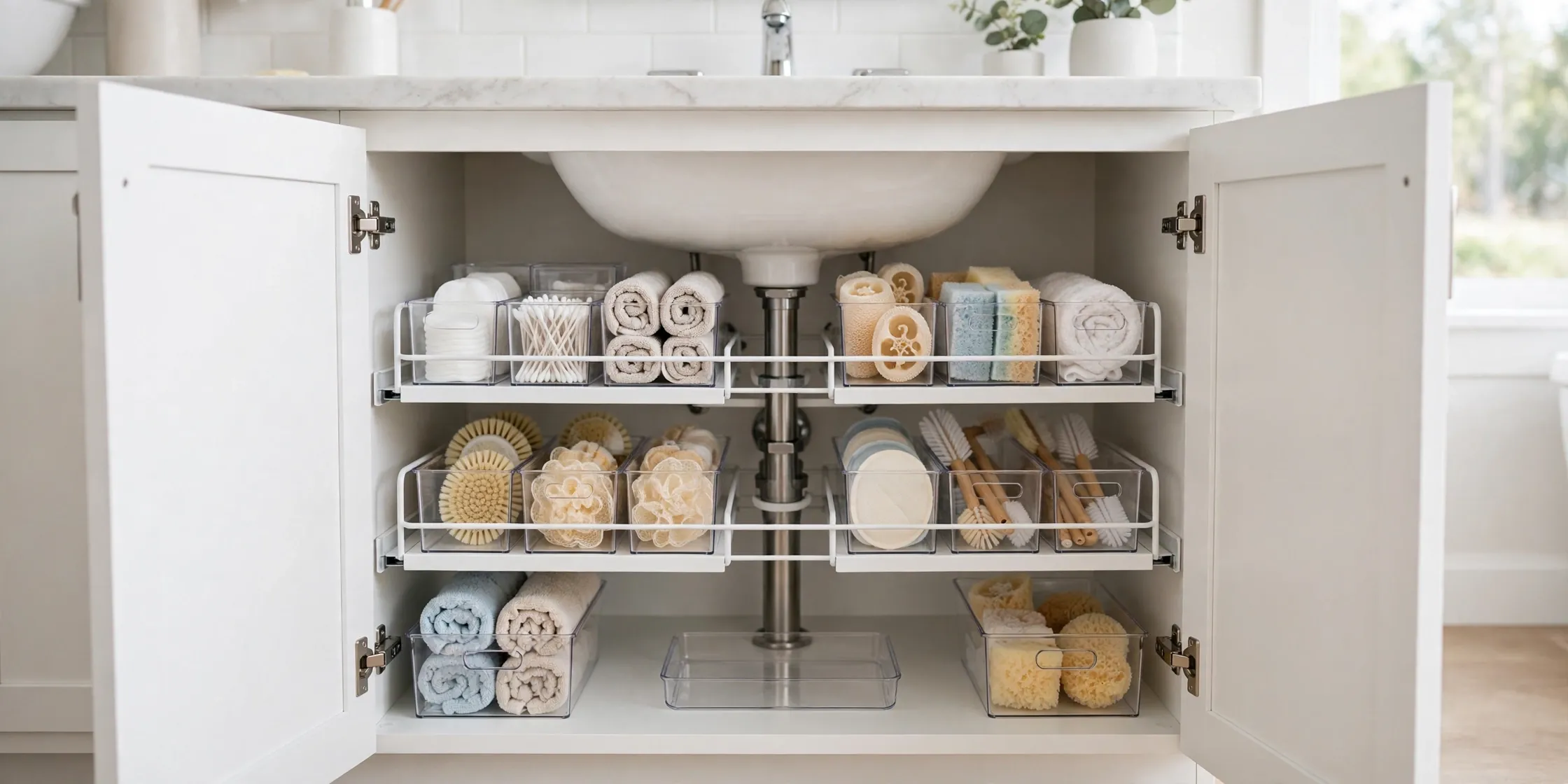 Organized under bathroom sink cabinet with clear bins and pull-out organizer around the pipes