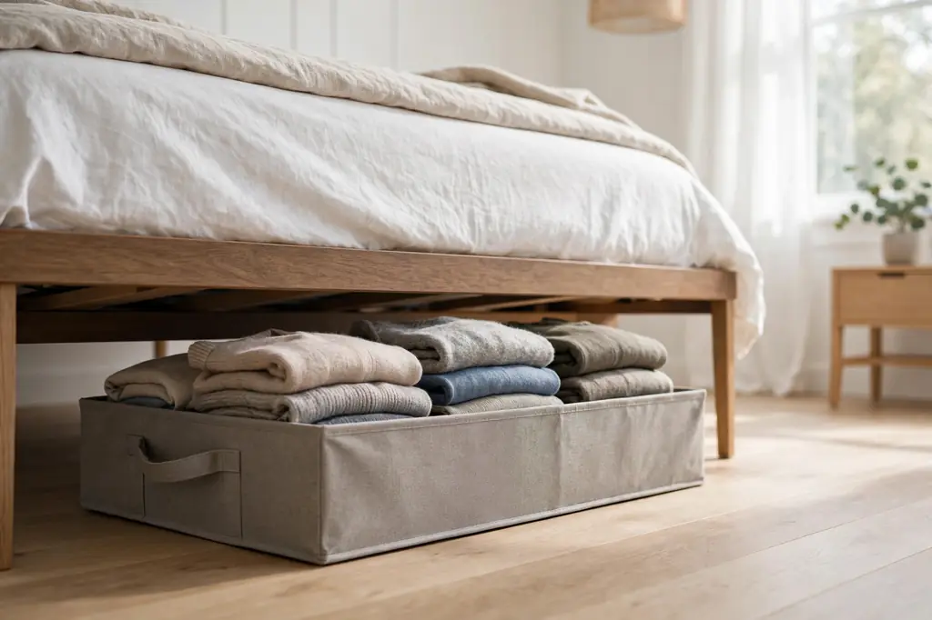 A flat fabric bin of folded off-season clothes slid partway under a bed frame.