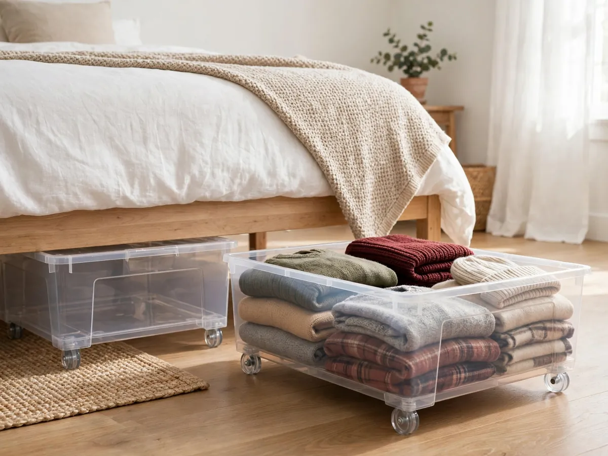 Under-bed storage bins on casters for seasonal clothes