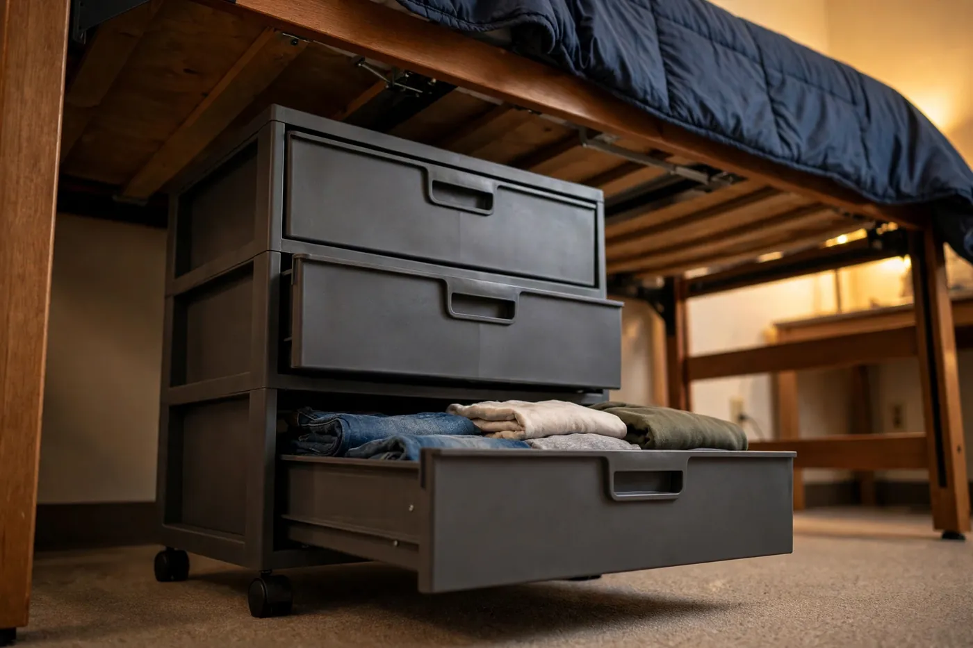 Rolling drawers under a dorm bed for shoes and off-season clothes