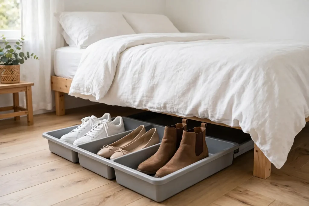 Under bed shoe storage tray with neatly arranged shoes in a small bedroom