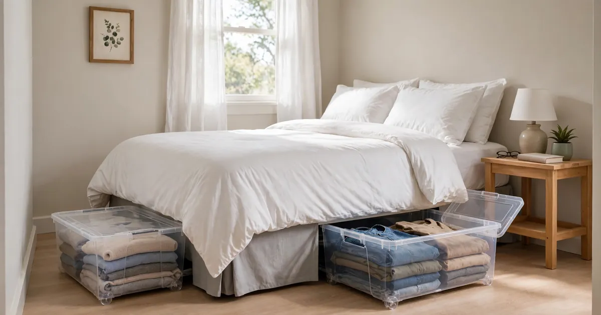 Under bed storage ideas for small bedrooms: clear rolling bins pulled out from under a bed