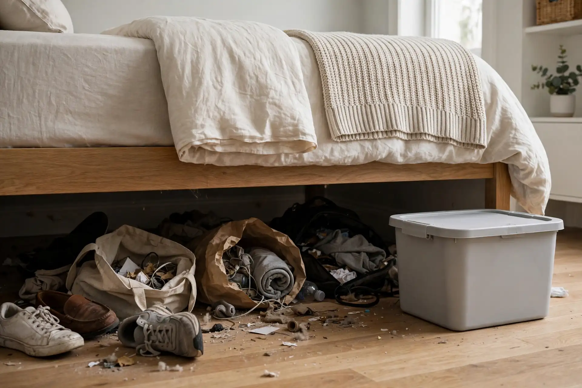 A messy under-bed space with loose items and dusty open bags