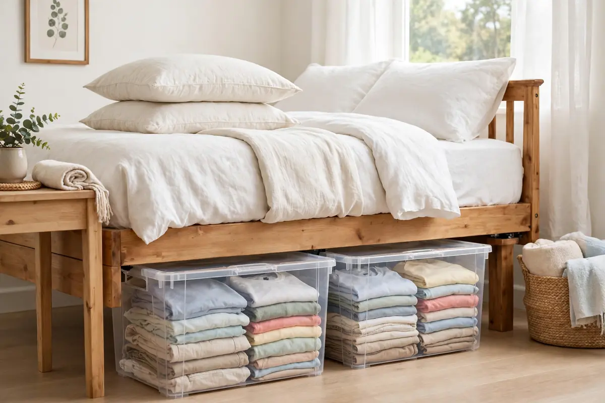 Labeled bins of summer clothes sliding under a bed for off-season storage