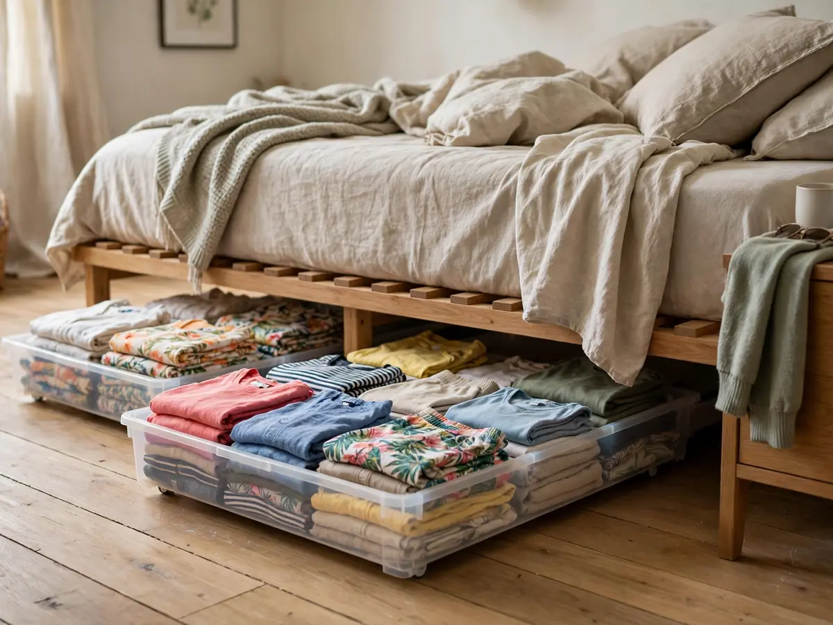 Flat storage bins of summer clothes sliding under a bed