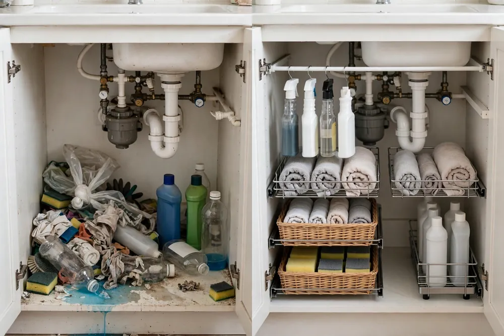 Side-by-side view of a cluttered under sink cabinet and the same cabinet organized with labeled bins and zones
