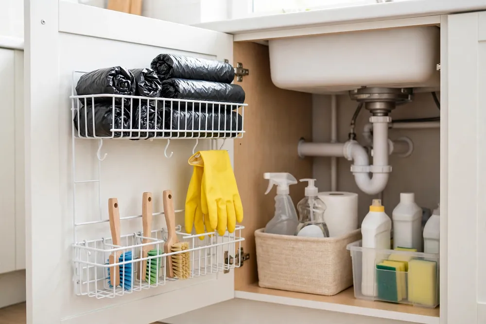 Wire rack mounted on the inside of an under sink cabinet door holding sponges and gloves