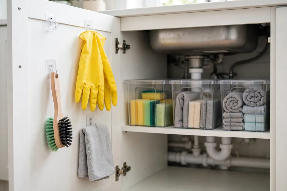 Small adhesive hooks on an under sink cabinet door holding a scrub brush and gloves