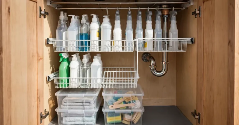 Under sink kitchen organization: organized cabinet with clear bins, sliding baskets, and spray bottles on a tension rod