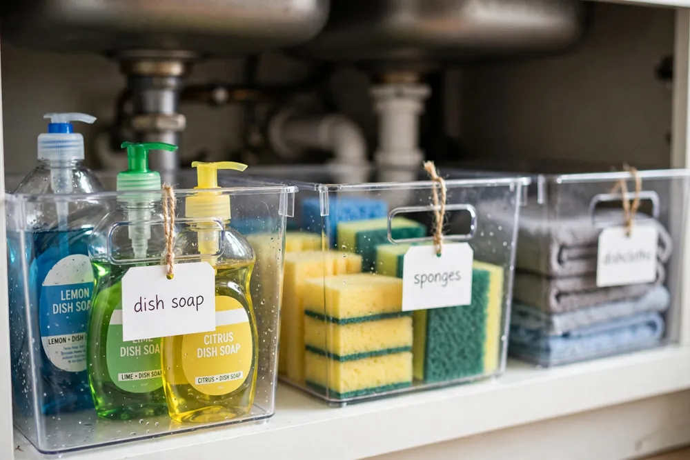 Close-up of labeled bins under a kitchen sink reading dish soap, trash bags, and sponges