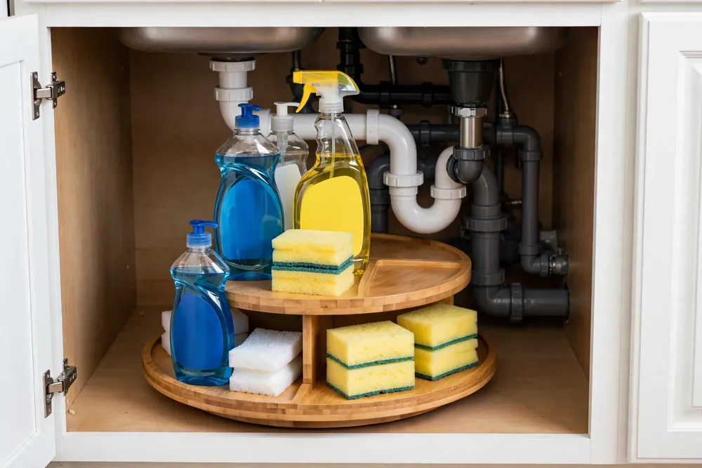Lazy Susan turntable under a kitchen sink holding bottles of cleaning supplies