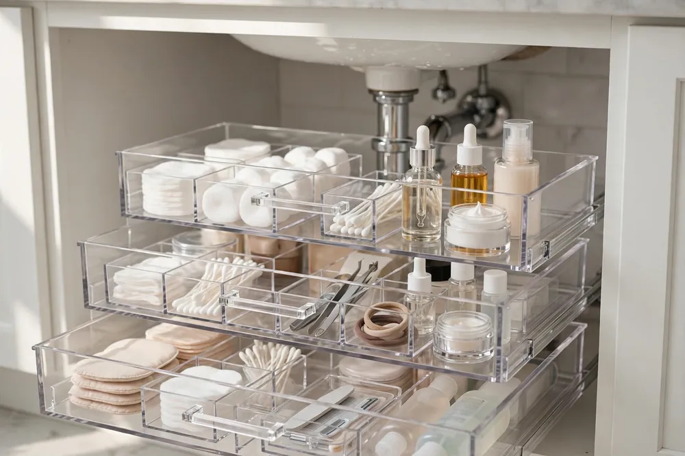 Clear acrylic stackable drawers under a bathroom sink holding skincare and toiletries