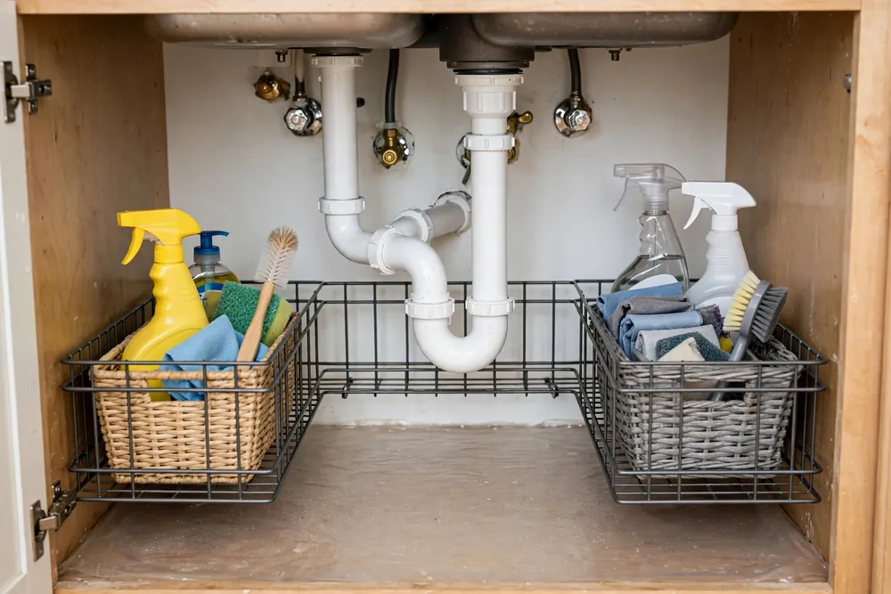 L-shaped under sink organizer frame wrapping around white drain pipes
