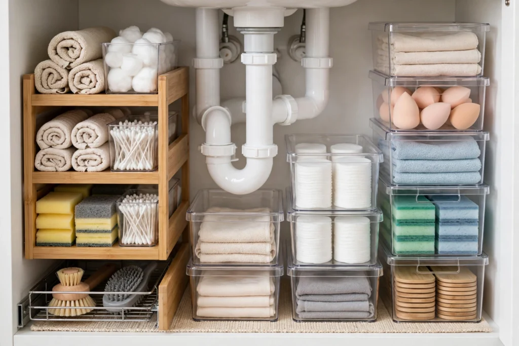 Organized under-sink bathroom cabinet with pull-out drawers and labeled bins around plumbing