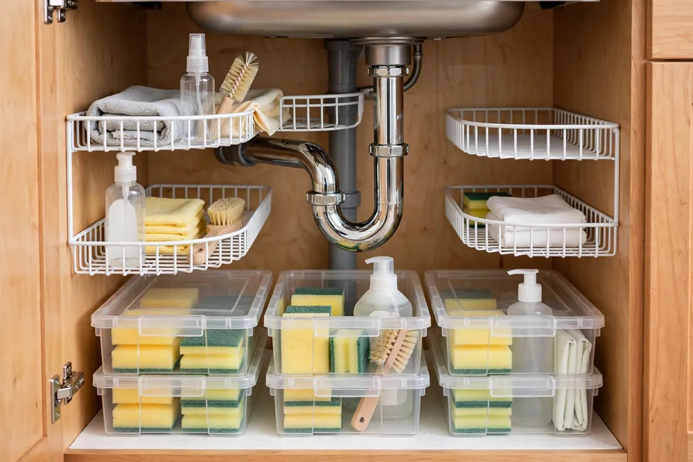 U-shaped under sink shelf fitted around drain pipes with cleaning supplies on both sides