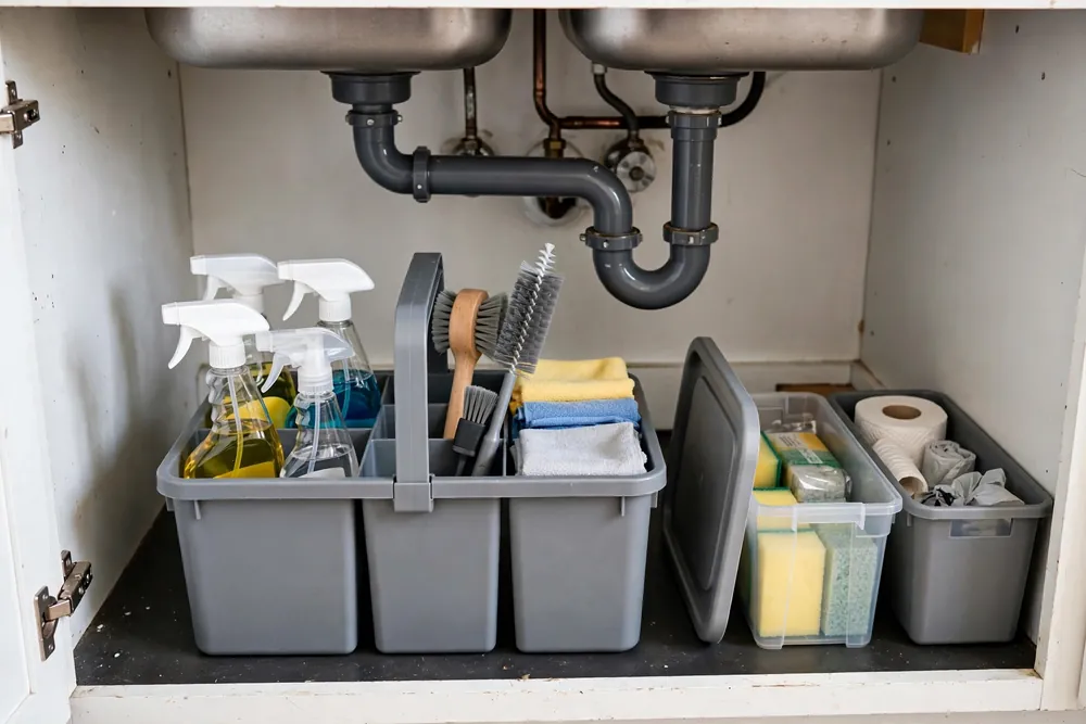 Portable cleaning caddy with dish soap, sponges, and spray bottles under a kitchen sink