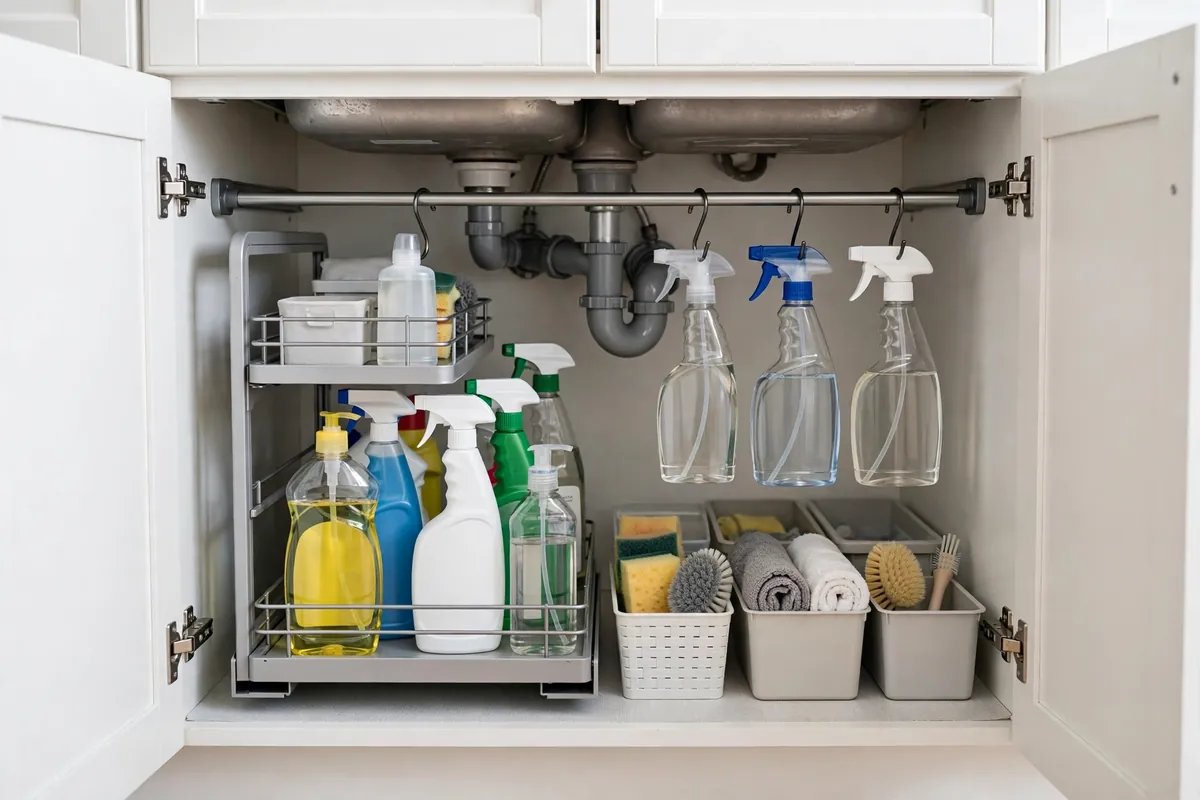 Organized under-sink cabinet with pull-out organizer and tension rod holding spray bottles
