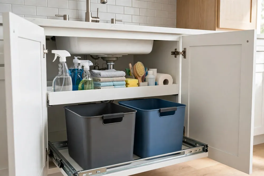 Pull-out trash and recycling bins sliding out from under a kitchen sink cabinet