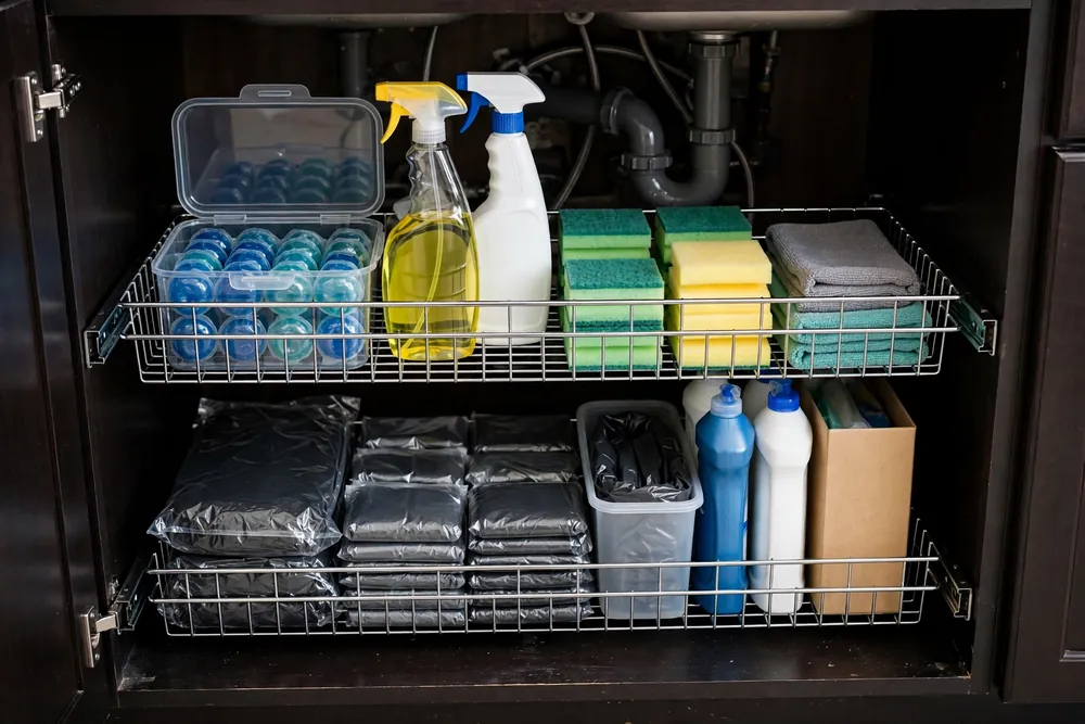 Two-tier sliding basket organizer pulled out from under a kitchen sink