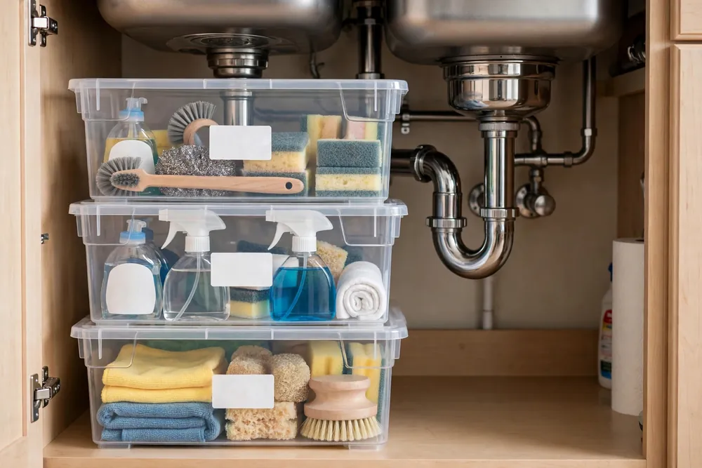 Stackable clear bins with labels placed beside under sink pipes